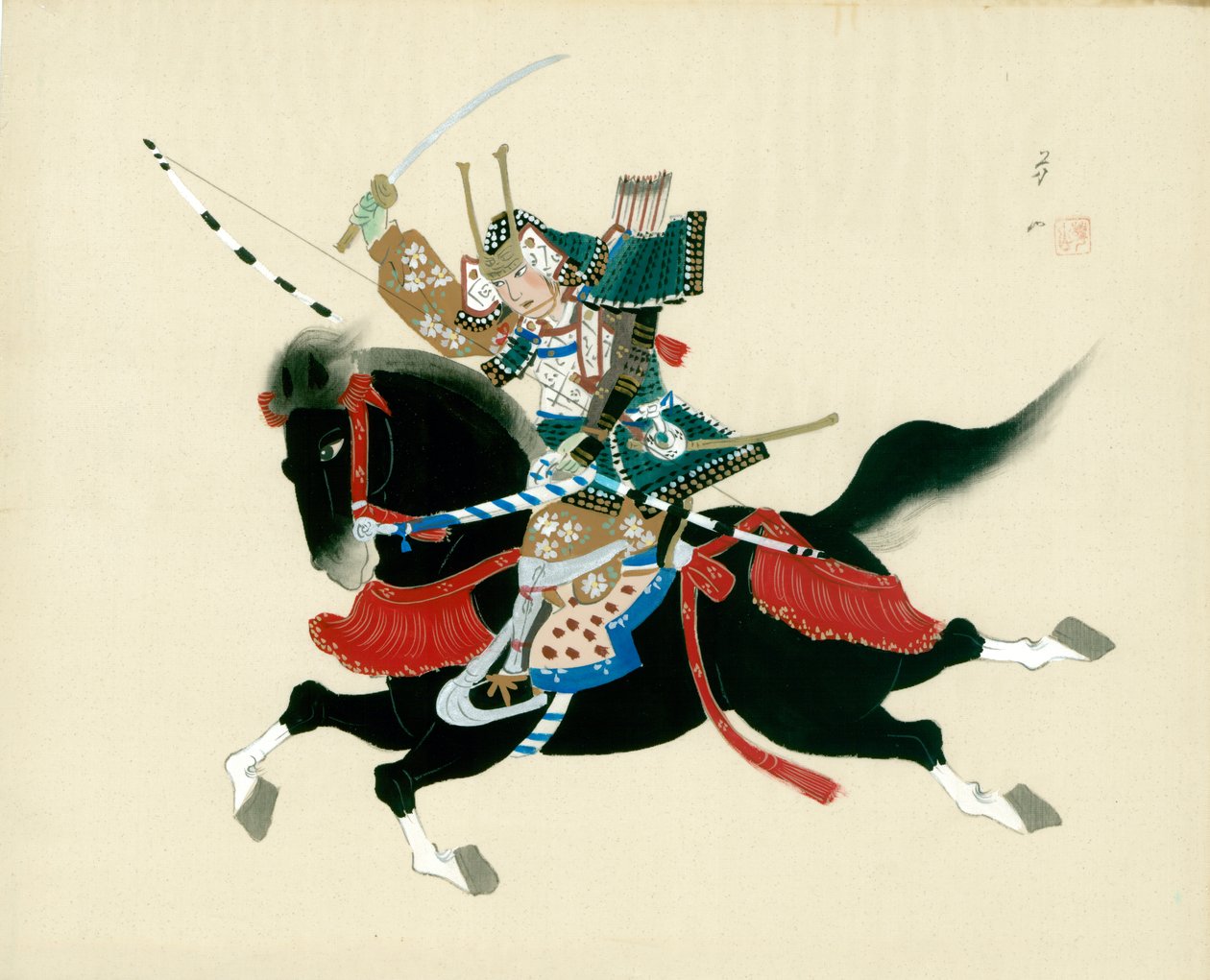 Guerreiro Samurai, montando um cavalo. Uma pintura japonesa em seda, no estilo tradicional japonês de Unbekannt