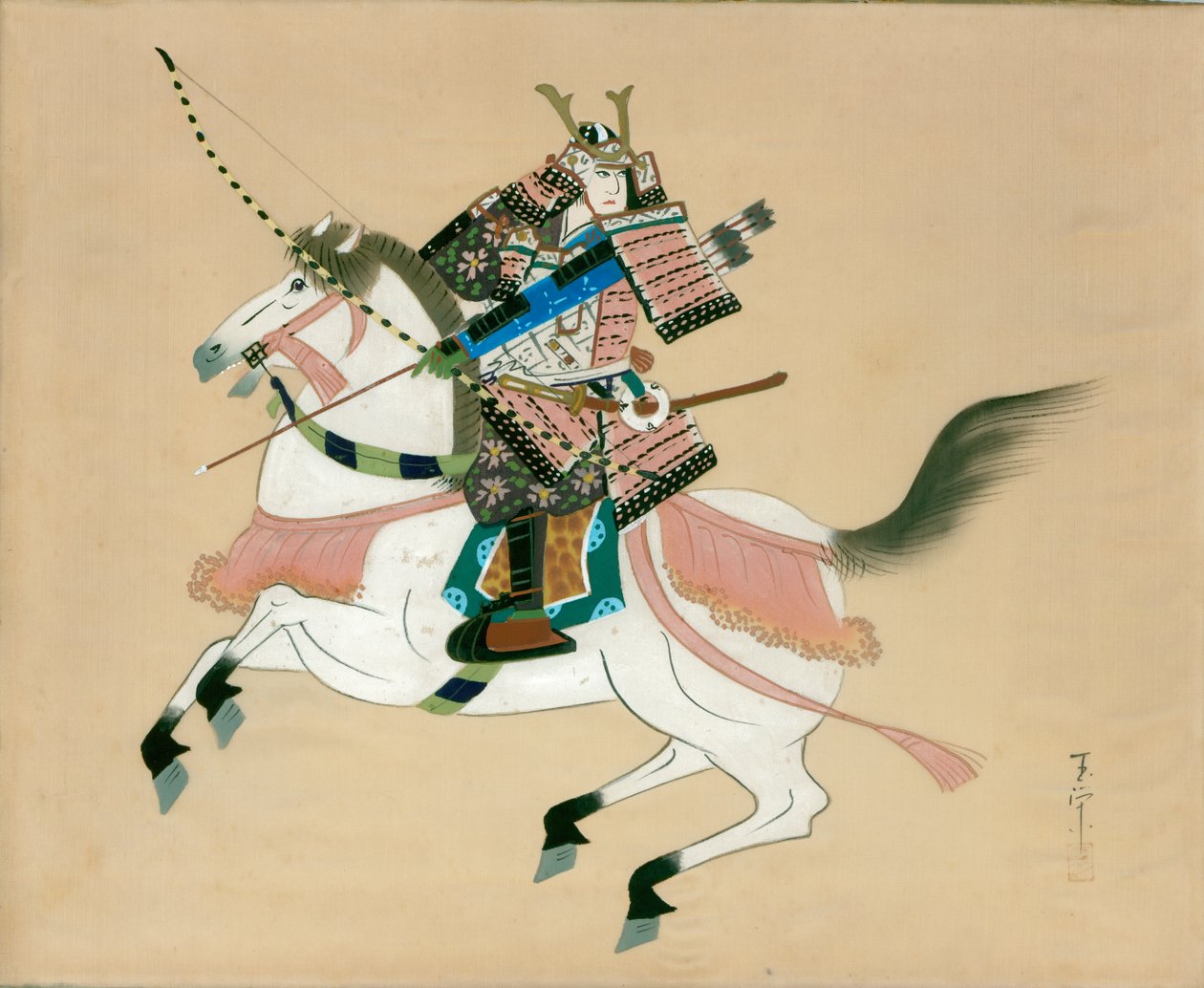 Guerreiro Samurai, montando um cavalo. Uma pintura japonesa em seda, no estilo tradicional japonês de Unbekannt