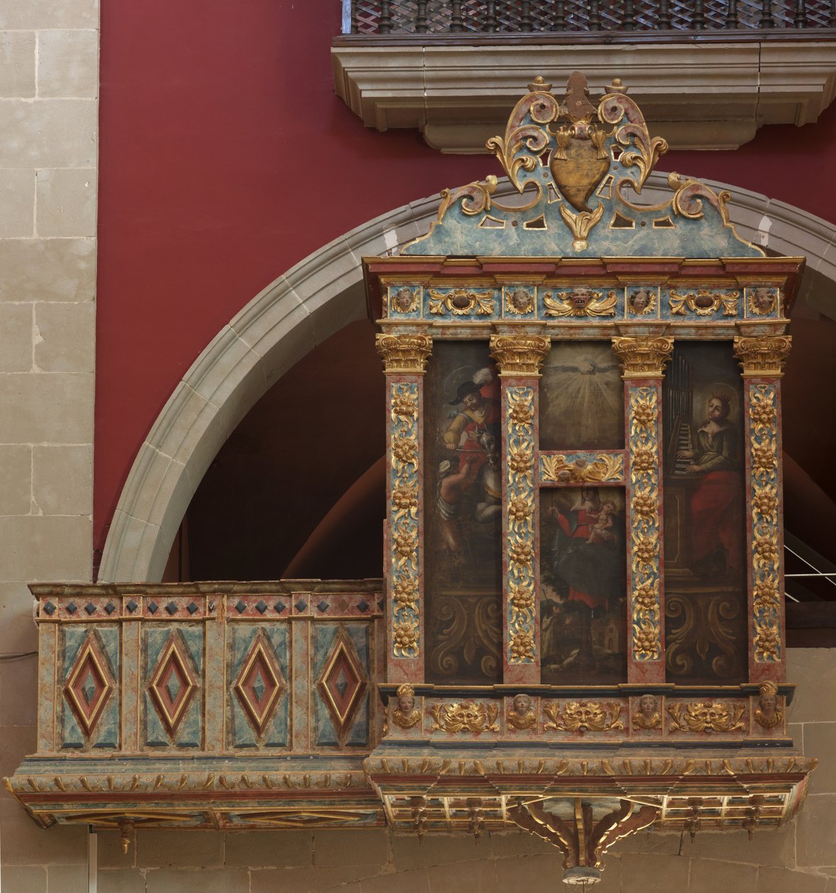 Santuário (El Miracle). A igreja. O interior. O órgão. A construção policromada de madeira. Três pinturas em tela (?). 1593. de Unbekannt