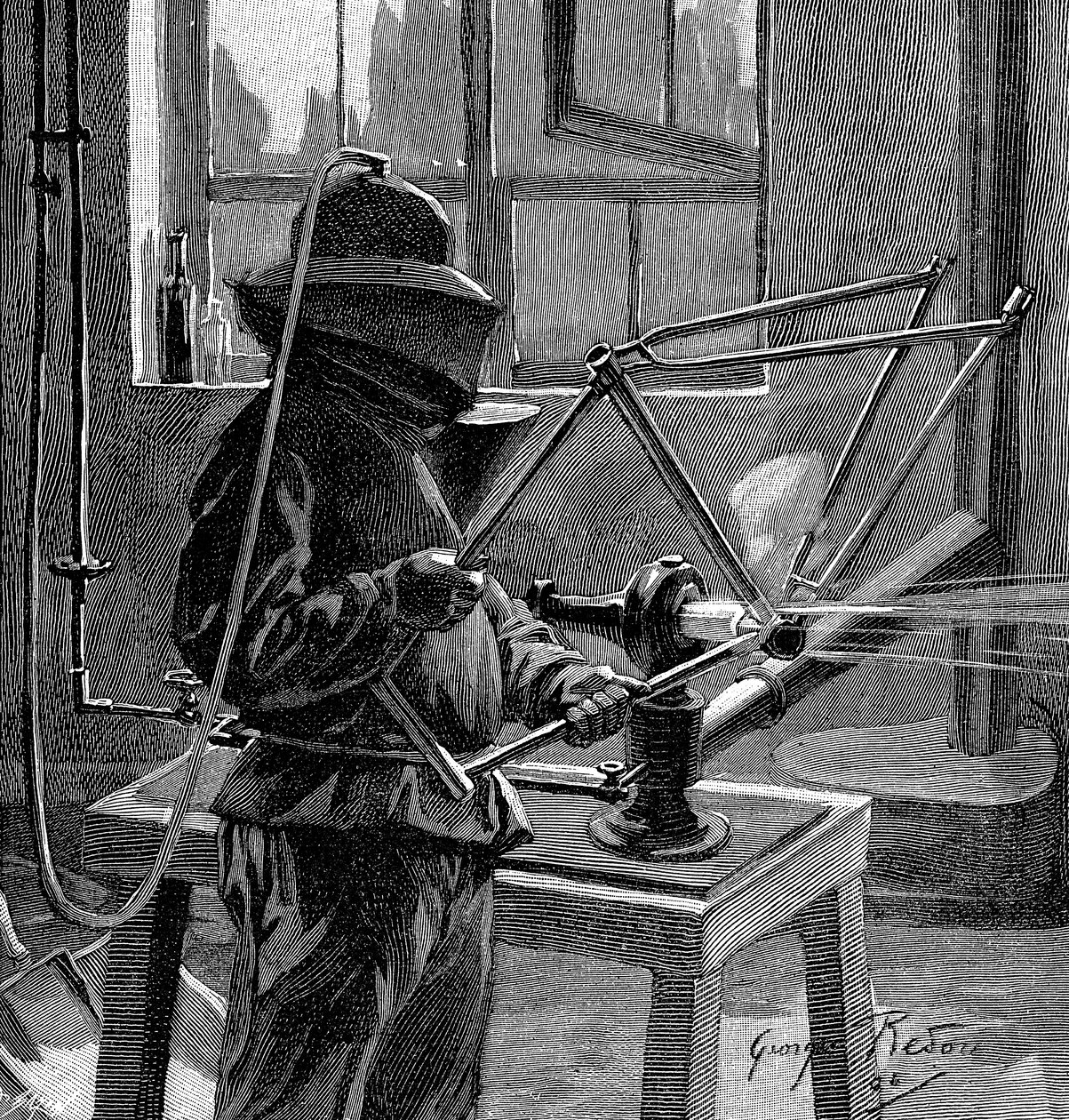 Jateamento de areia das juntas de um quadro de bicicleta, França, 1896 de Unbekannt