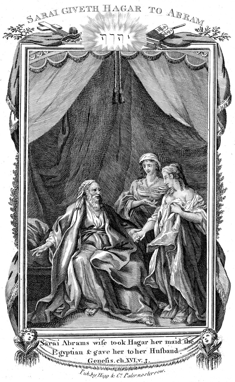 Sarah, esposa de Abrahams, sendo estéril, oferece a Hagar sua empregada ao marido, c1804 de Unbekannt