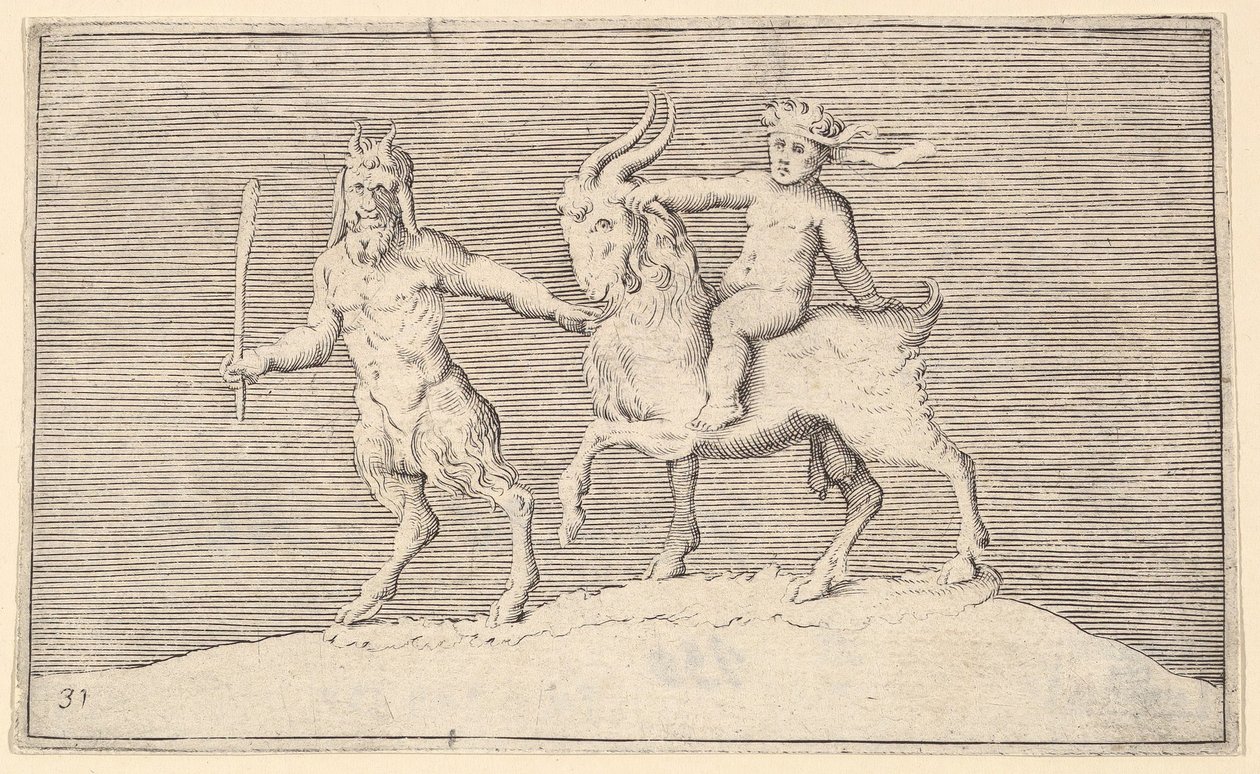 Satyr Leading Goat, do qual um bebê monta, publicado ca. 1599-1622. de Unbekannt