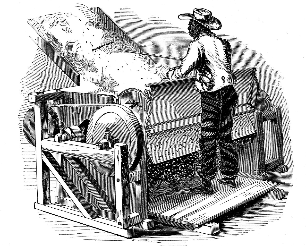 Saw gin para limpeza de algodão sendo operado por trabalhador descalço preto, sul dos EUA, 1865 de Unbekannt