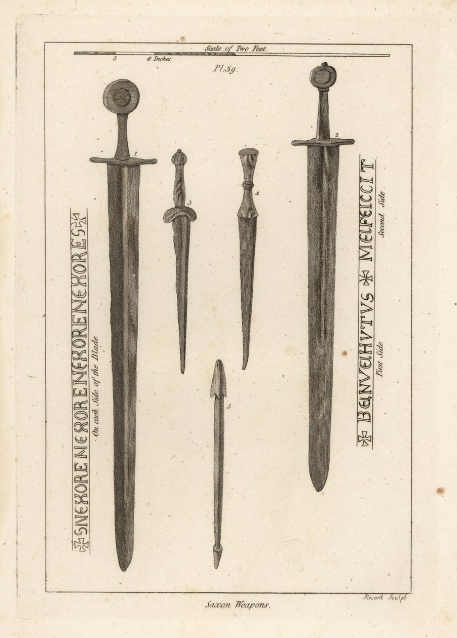 Armas saxônicas: antiga espada de ferro 1,2, e dirks e daggers 3,4 encontrados no rio Wytham, Lincolnshire, e um parafuso de besta encontrado no acampamento em Danbury, Essex 5 de Unbekannt