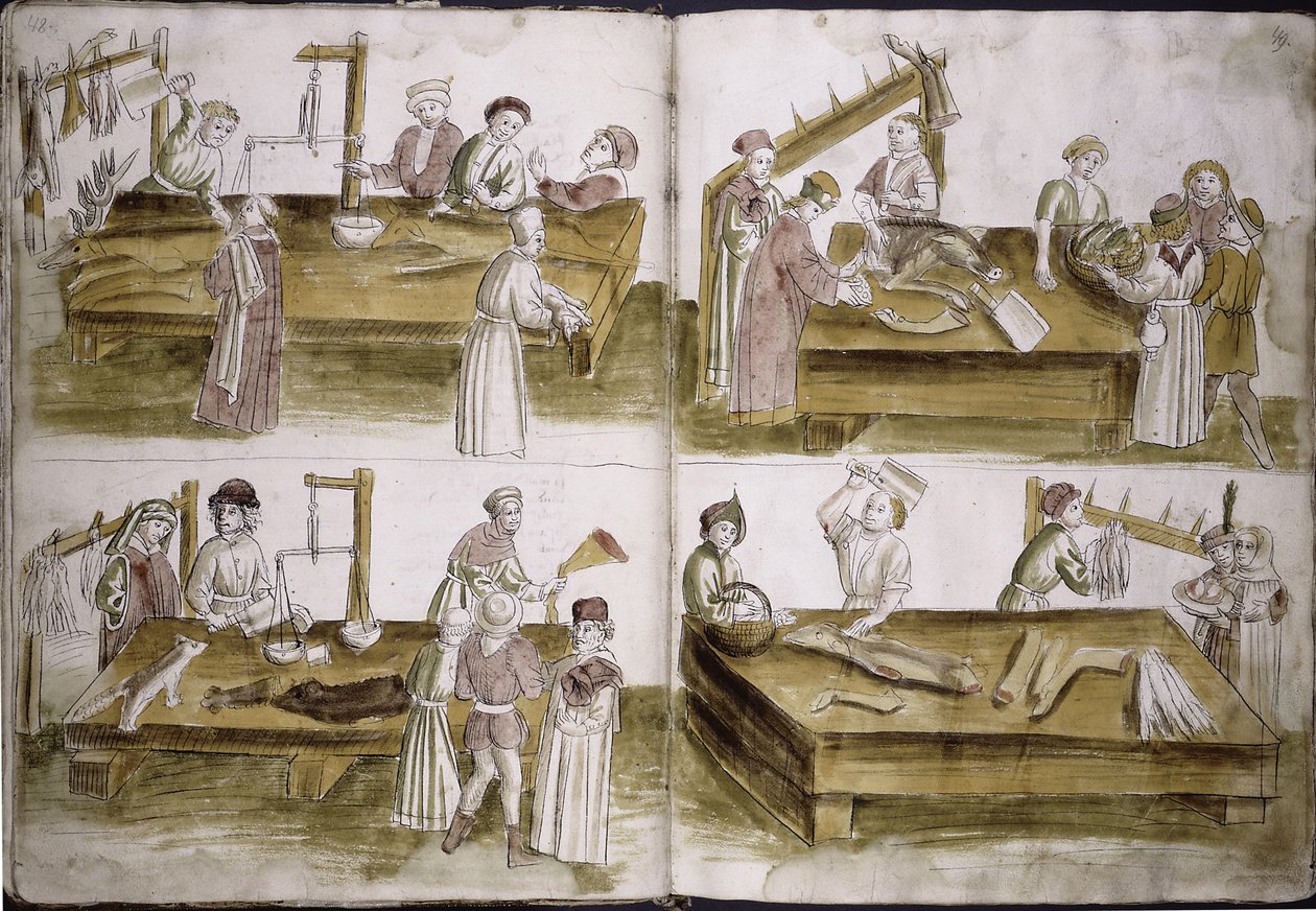 Cena da vida de mercado com açougueiros de: Ulrich Richental Chronicle of the Council of Constance, 1414-1418 de Unbekannt