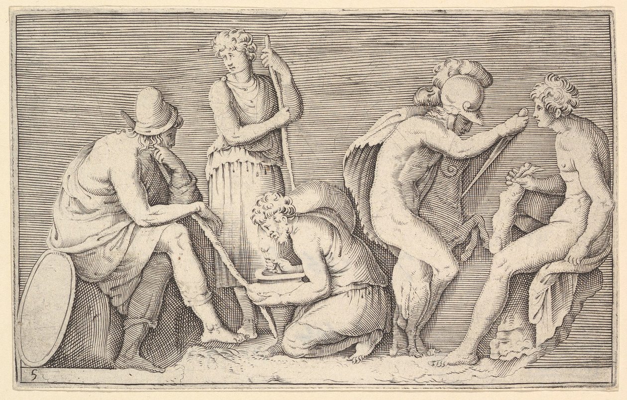 Cena do sacrifício com o guerreiro Killing Ram e quatro outras figuras, publicado ca. 1599-1622. de Unbekannt