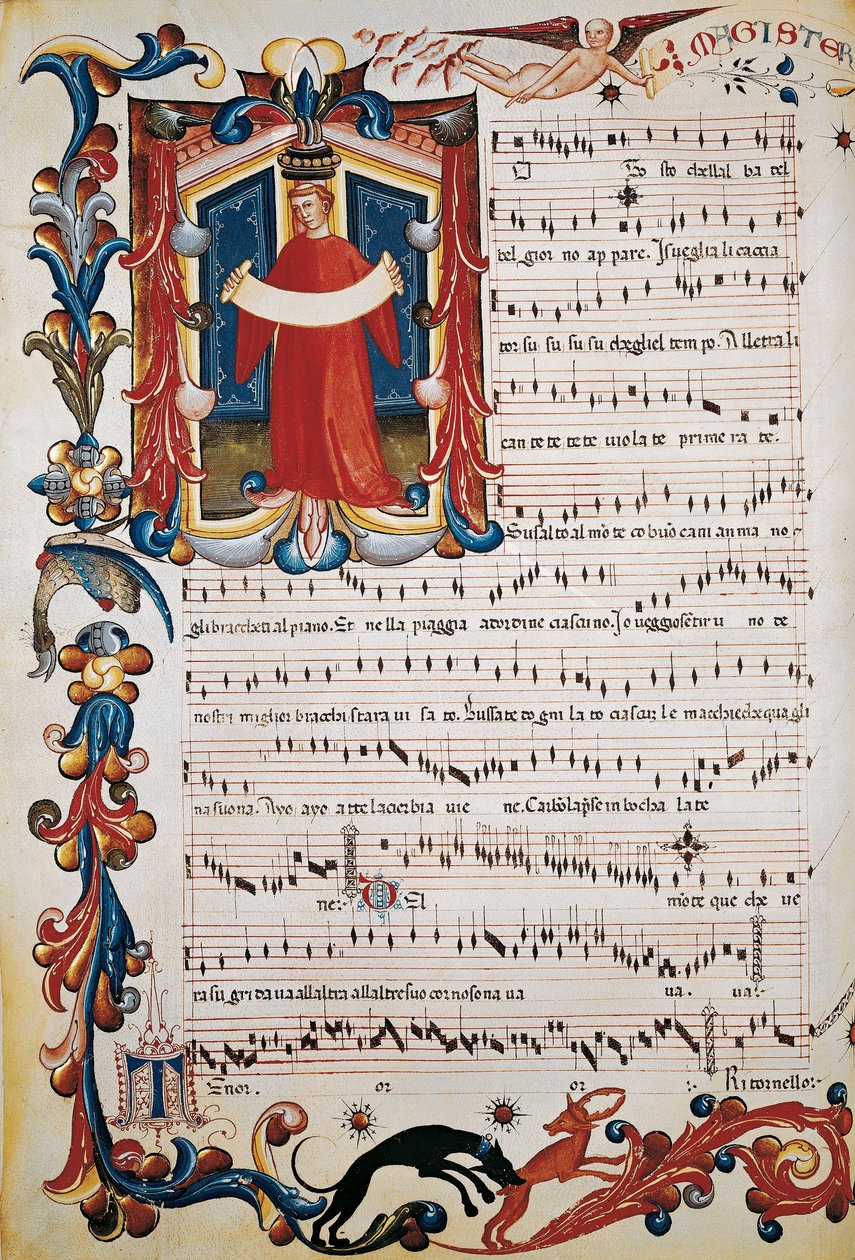 Pontuação com iluminação em Squarcialupi Codex, c.1410-1415 de Unbekannt