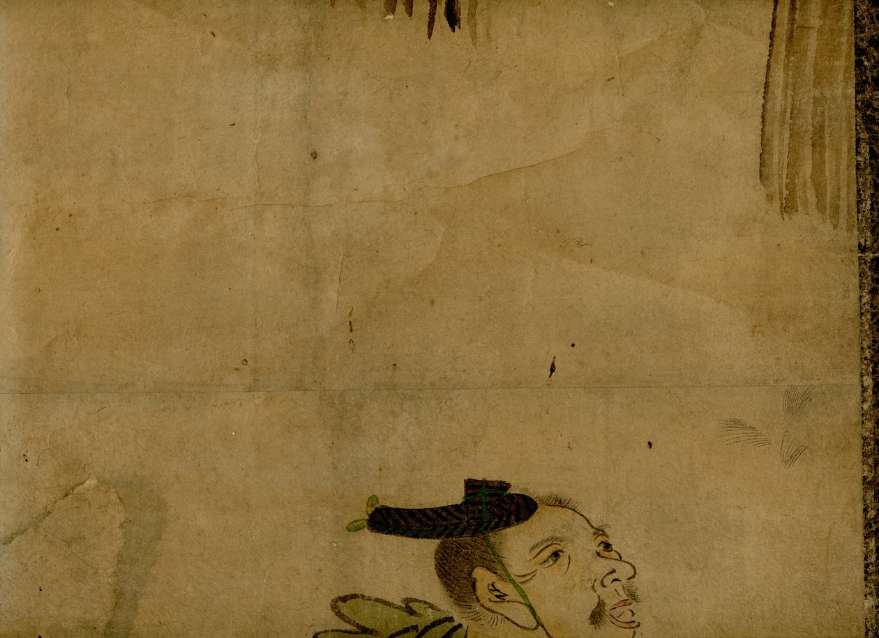 Pintura em rolo de papel retratando uma equipe de comédia tradicional japonesa de dois homens, conhecida como manzai de Unbekannt