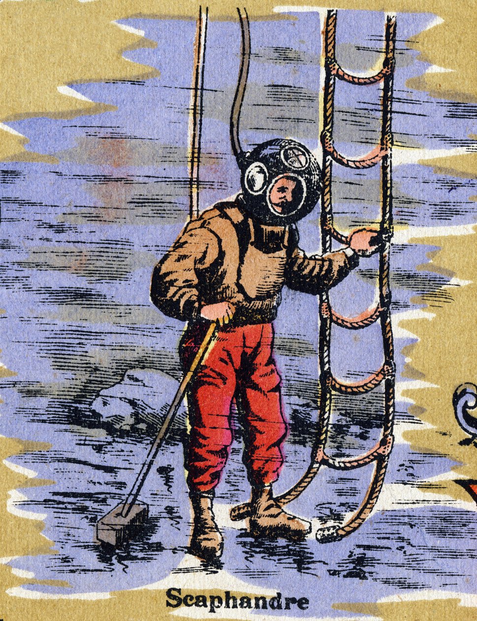 Fato de mergulho. Alfabeto ilustrado. Imagens reunidas em Jarville-Nancy, início do século XX. Dimensões: 40 x 29 cm. Litografia sobre fundo de bistre. de Unbekannt