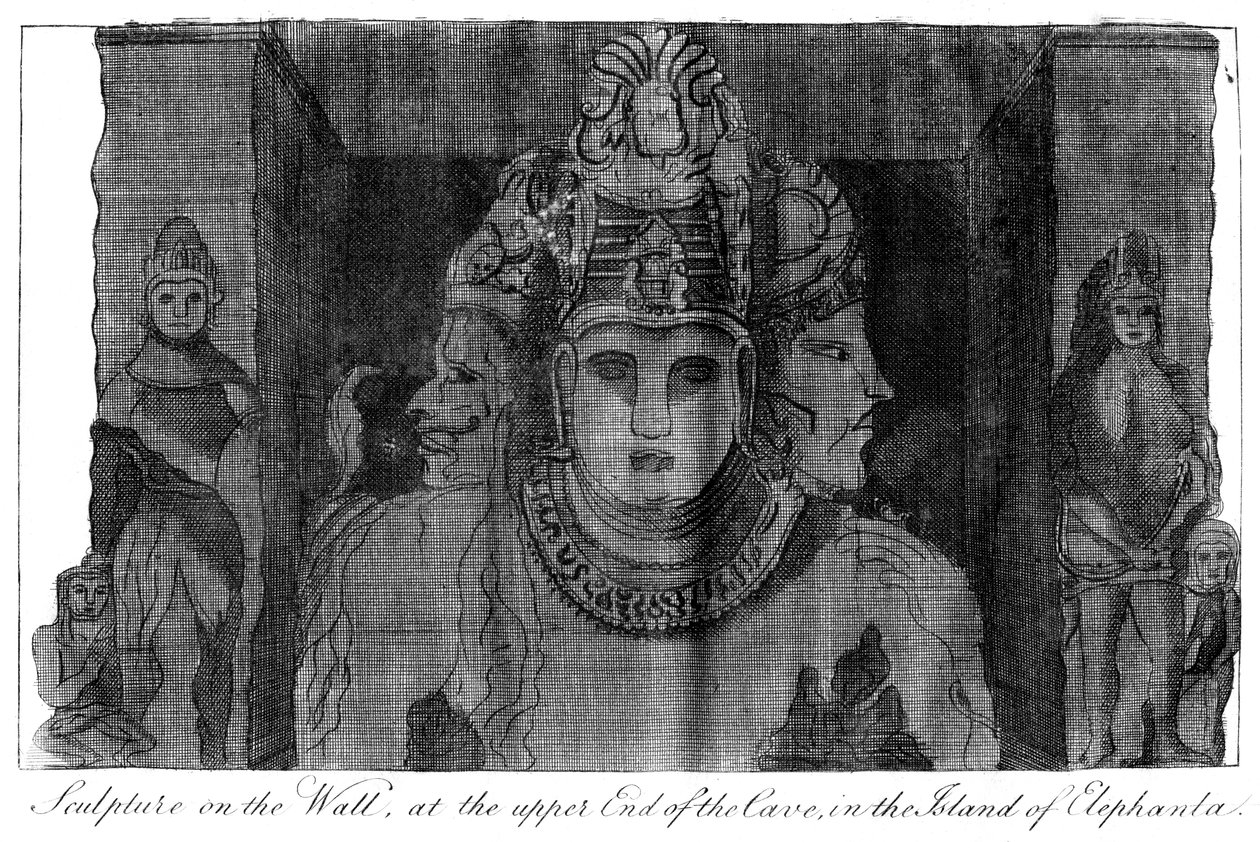 Escultura na parede na extremidade superior da caverna, Ilha de Elephanta, Índia, 1799 de Unbekannt