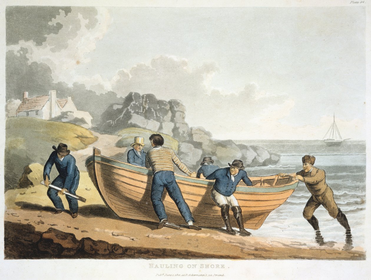 Marinheiros que transportam um bote construído em clínquer na praia, 1821 de Unbekannt
