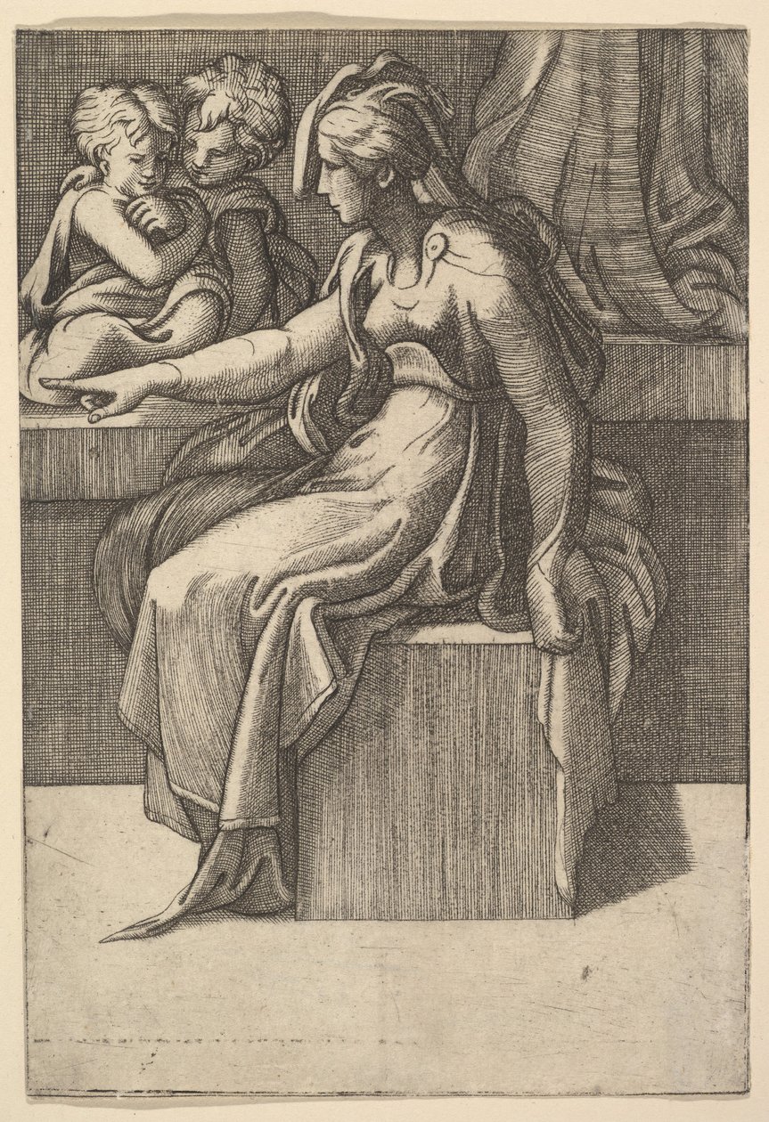 Mulher sentada com dois filhos, século XVI. de Unbekannt