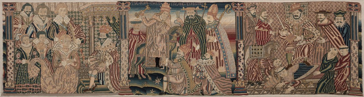 Seção de um friso bordado: Assuero e Ester, o papa repreendendo o imperador, 1625-1649. de Unbekannt