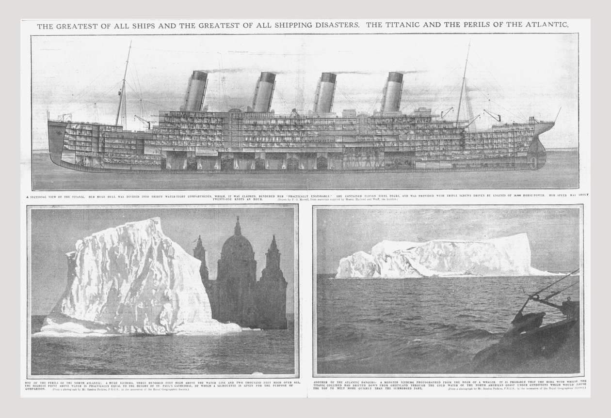 Diagrama secional do Titanic e icebergs, 20 de abril de 1912. de Unbekannt