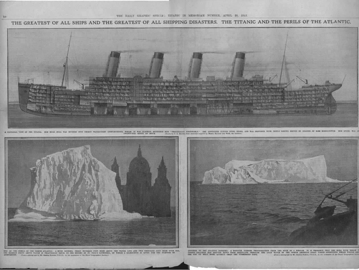 Diagrama secional do Titanic e icebergs, 20 de abril de 1912. de Unbekannt