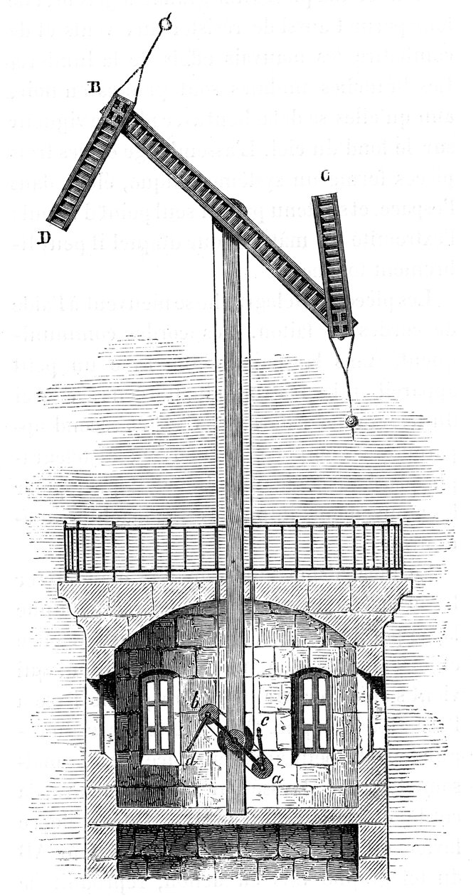 Vista em corte de uma torre de telégrafo para o semáforo de Claude Chappes, 1792, c1870 de Unbekannt