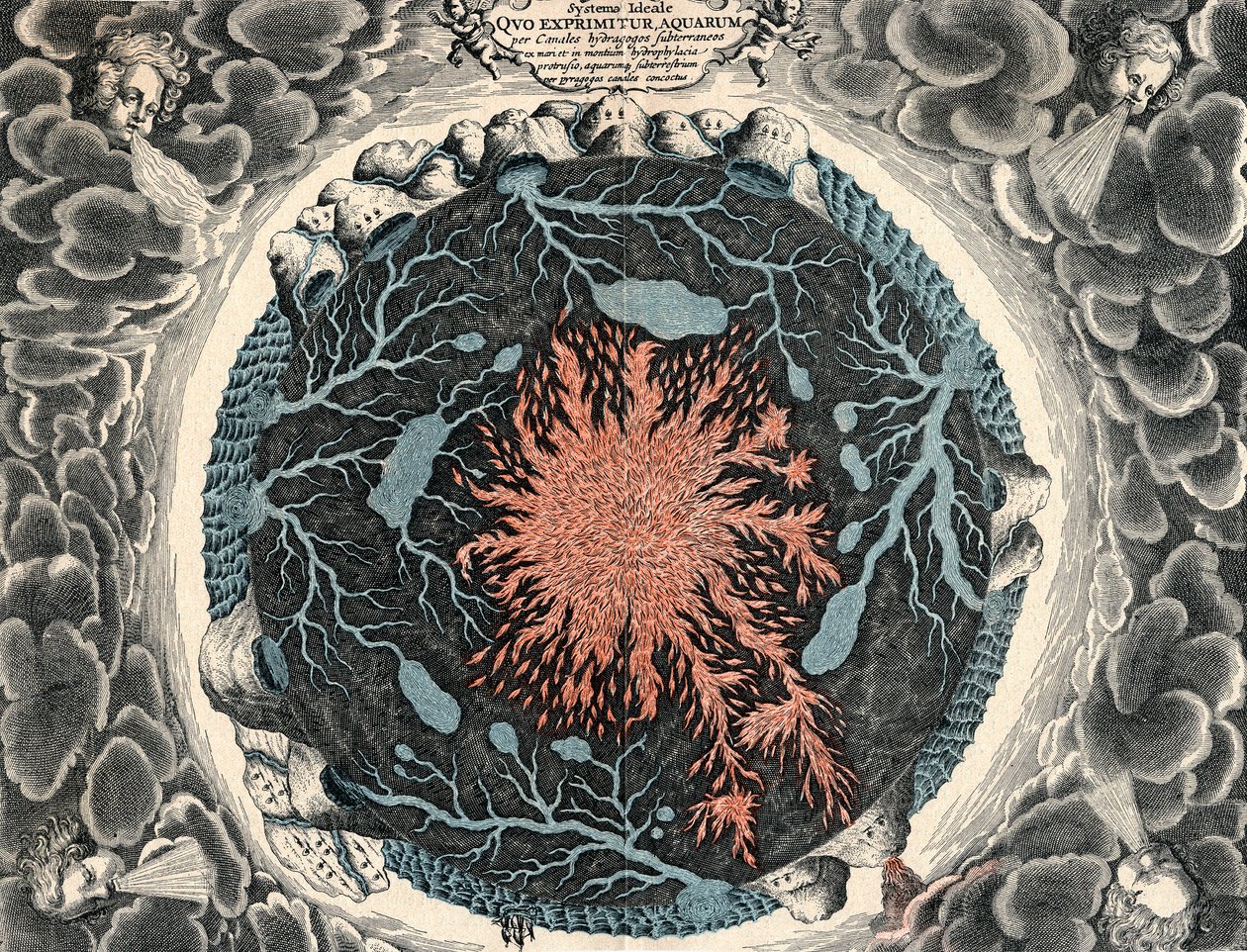 Vista em corte da Terra, mostrando o fogo central e os canais subterrâneos ligados aos oceanos, 1665 de Unbekannt