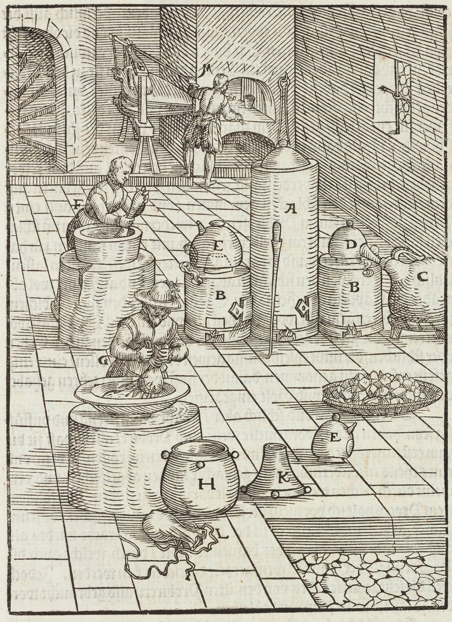 Separação de minérios de ouro e mercúrio - Gravura da descrição dos minérios e principais métodos de mineração, por Lazarus Ecker de Unbekannt