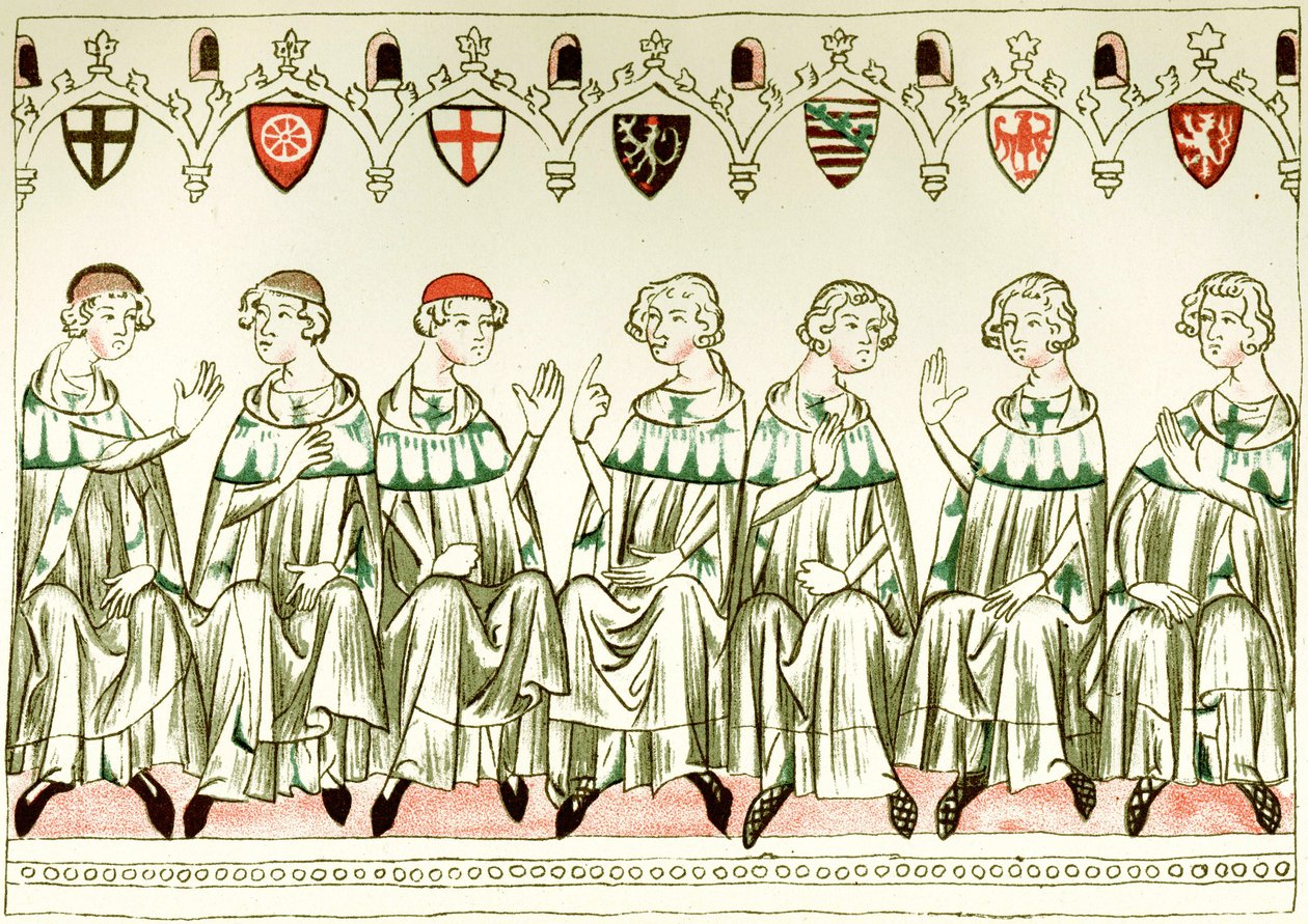 Sete Príncipe Eleitores votando em Henrique VII, Sacro Imperador Romano Cópia de uma miniatura do Balduineum, 1341 de Unbekannt