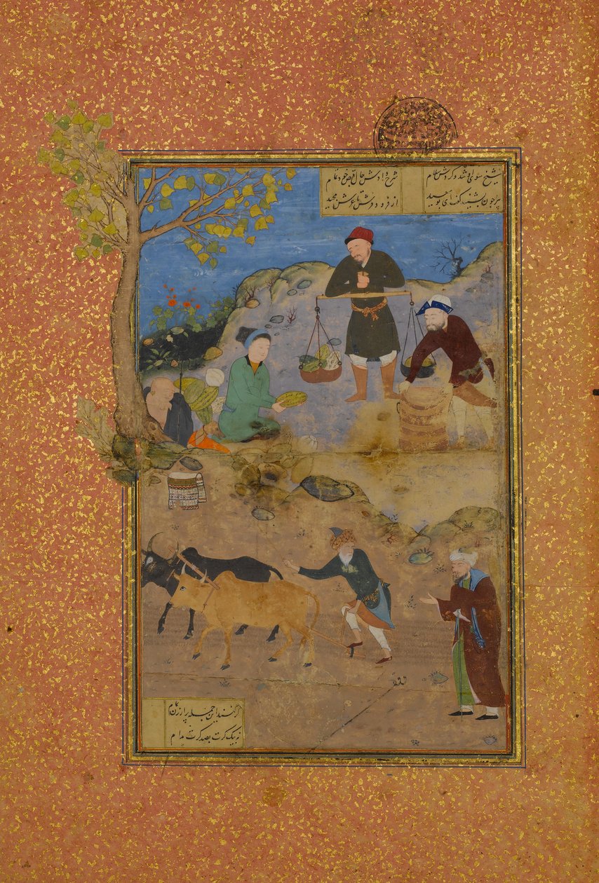 Shaikh Mahneh e o Aldeão, Folio 49r de um Mantiq al-tair Language of the Birds, 1487. de Unbekannt