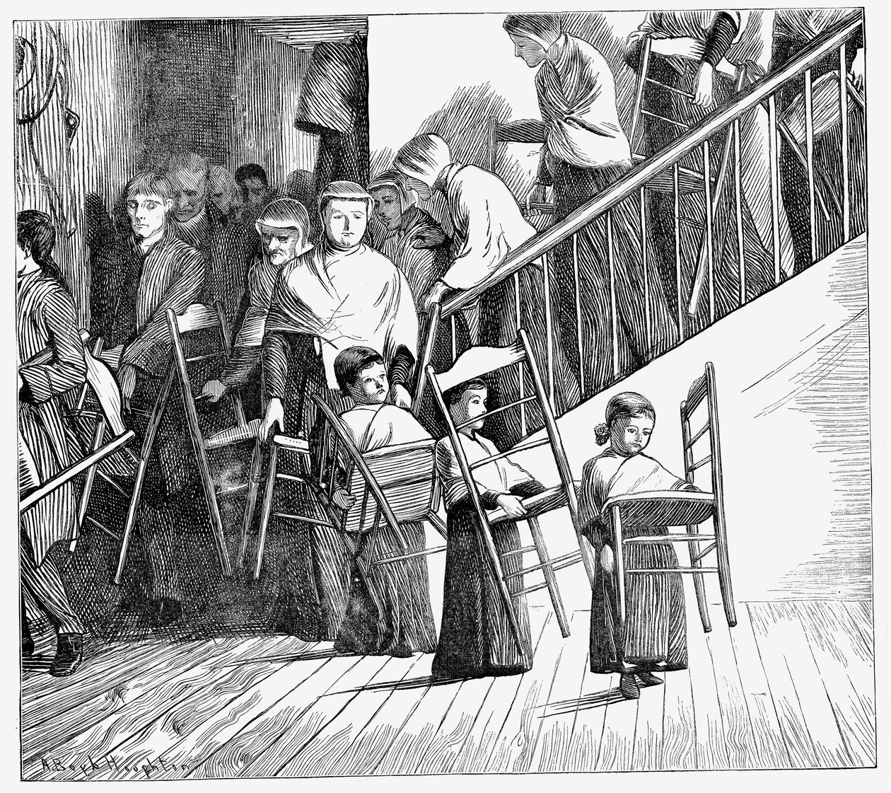 Comunidade Shaker indo jantar, cada uma carregando sua própria cadeira Shaker, Estado de Nova York, 1870 de Unbekannt