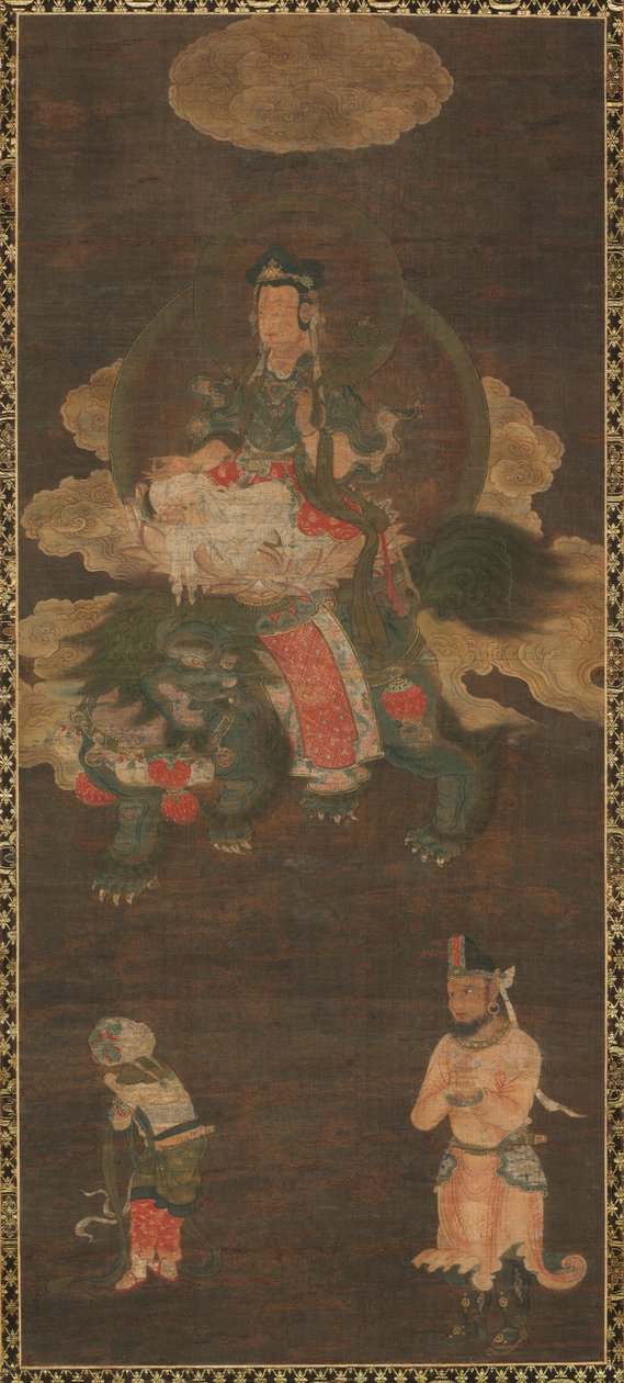 Tríade Shakyamuni: Buda com a presença de Manjushri e Samantabhadra Bodhisattva com Leão, final dos anos 1300 de Unbekannt