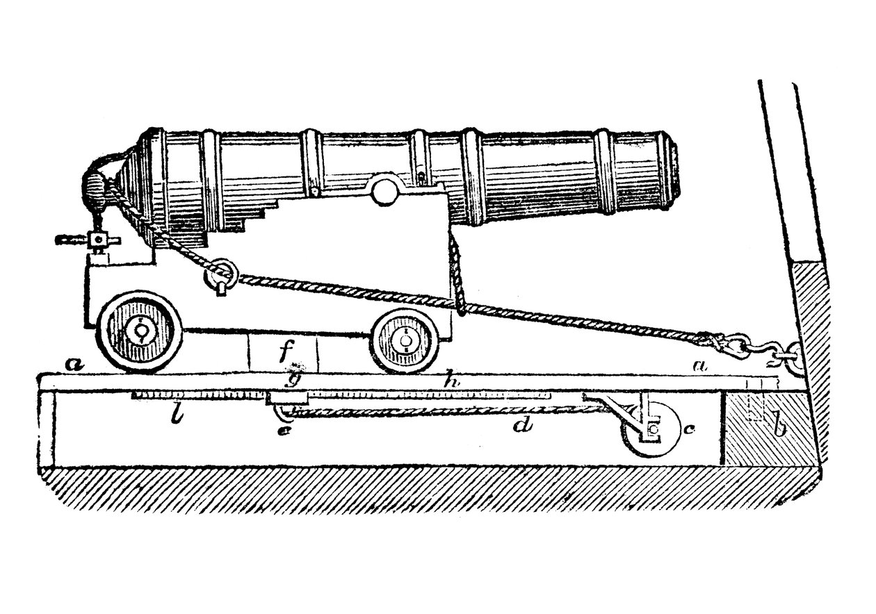 Canhão de navio no transporte de armas. Xilogravura, 1835 de Unbekannt