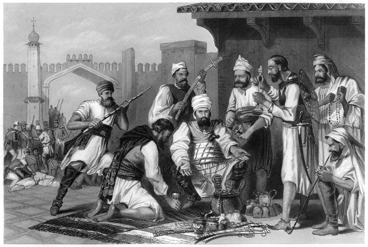 Tropas sikh dividindo os despojos retirados dos amotinados, 1857, c1860 de Unbekannt