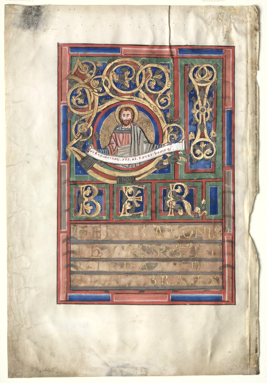 Única folha retirada de um livro do evangelho com a inicial L [iber generationis]: São Mateus verso, c1190 de Unbekannt