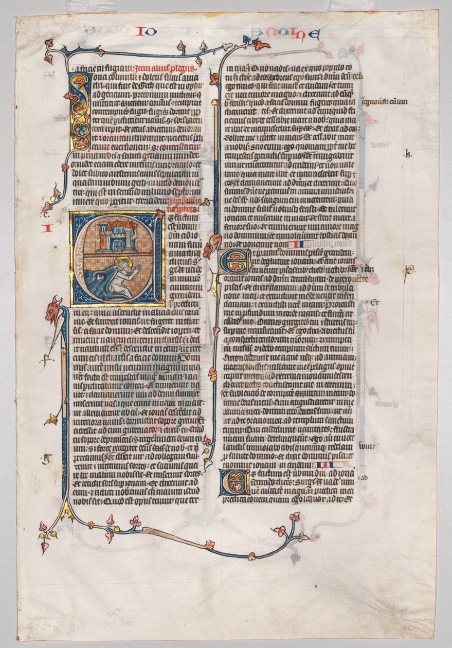 Folha Única de uma Bíblia: E [t factum est] inicial com Jonas Engolido pela Baleia, c. 1290 de Unbekannt