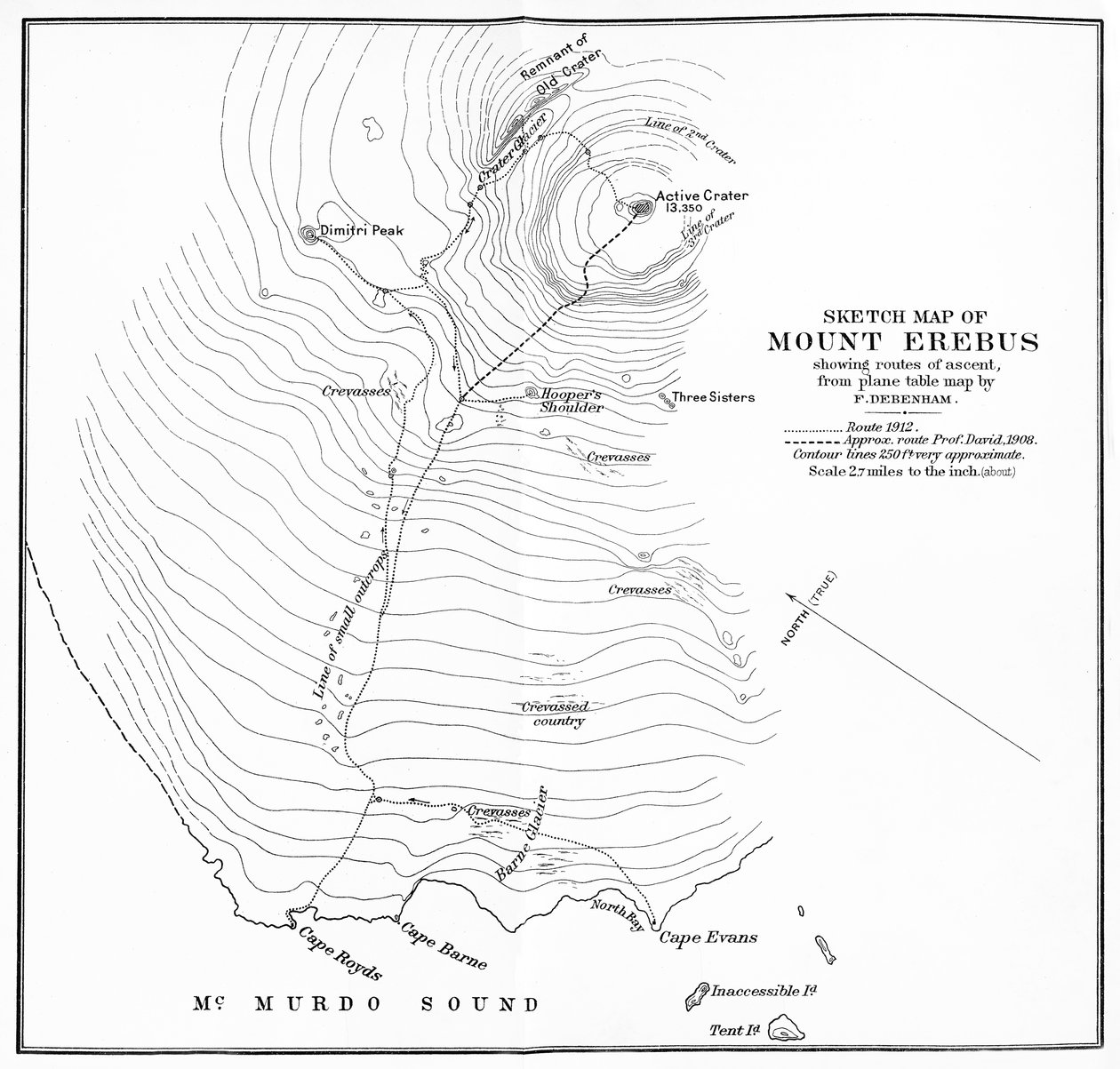 Mapa de esboço do Monte Erebus mostrando rotas de subida, c1912, 1913 de Unbekannt