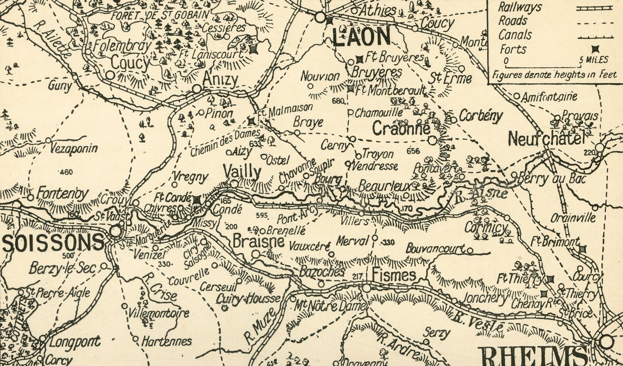 Esboço do mapa do vale do Aisne acima de Soissons, 1914, c1920. de Unbekannt