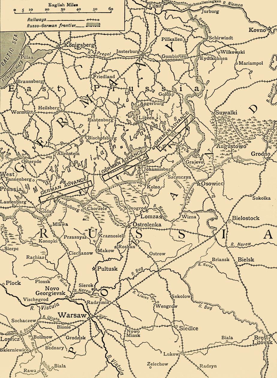 Esboce o mapa para ilustrar o ataque alemão ao norte de Varsóvia em fevereiro de 1915, c1920. de Unbekannt