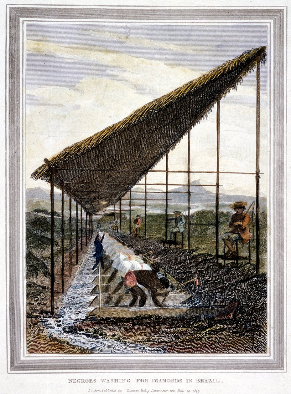 Lavagem de escravos para diamantes vigiados por supervisores com chicotes, Brasil, 1815 de Unbekannt