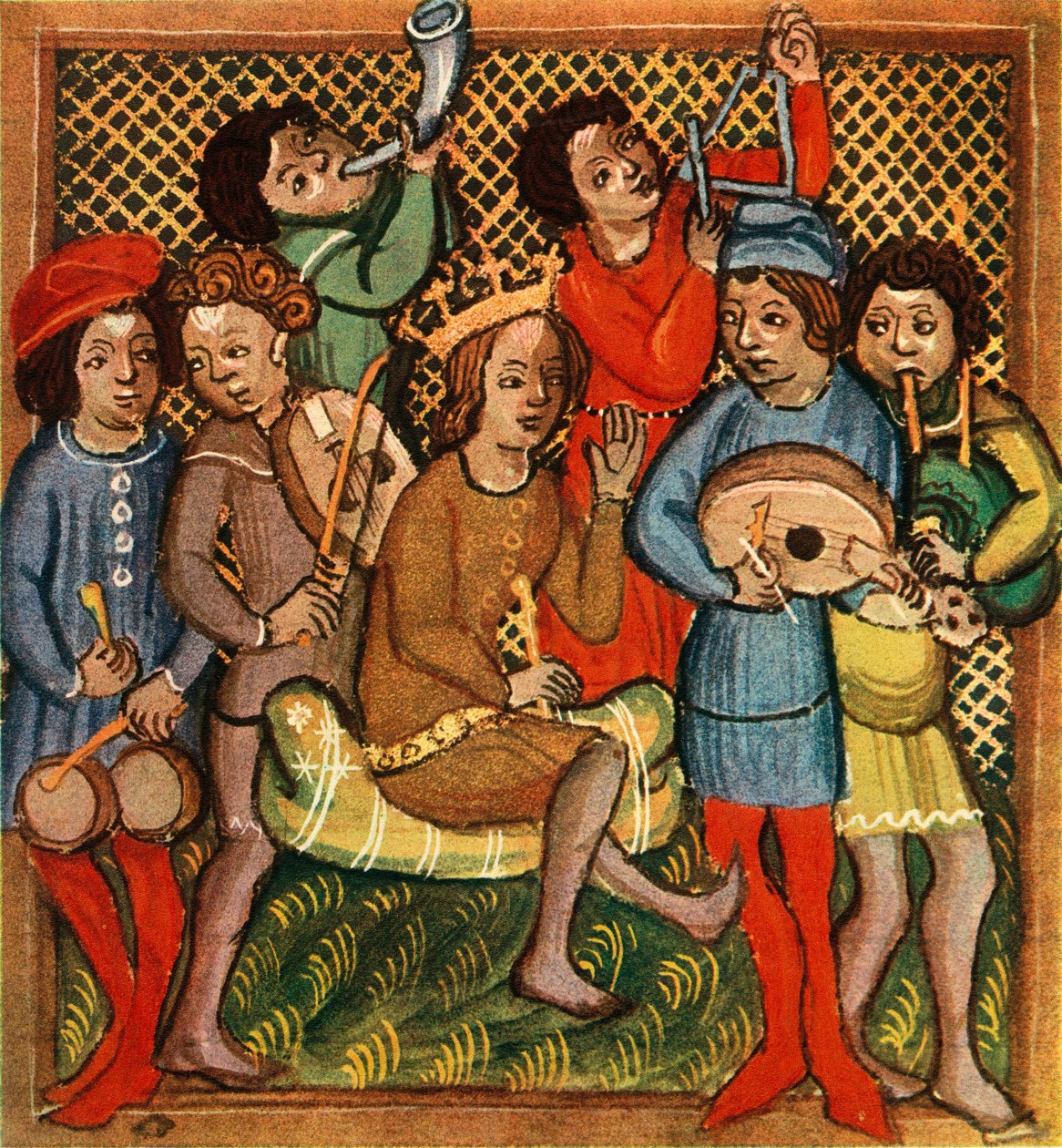 Bateria, violino, buzina, alaúde triangular e gaita de foles, Bíblia de Olomouc, 1417, 1948 de Unbekannt