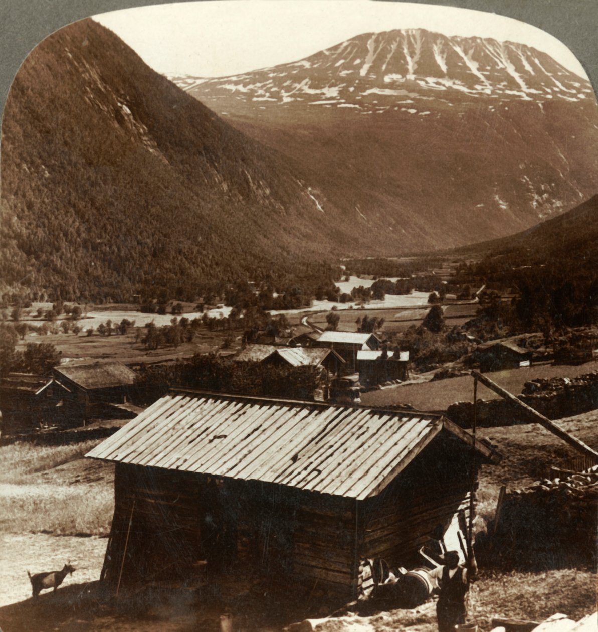 Alturas nevadas do Monte. Gausta 6180 ft., Acima de casas tranquilas em Maan Valley, Noruega, c1905. de Unbekannt