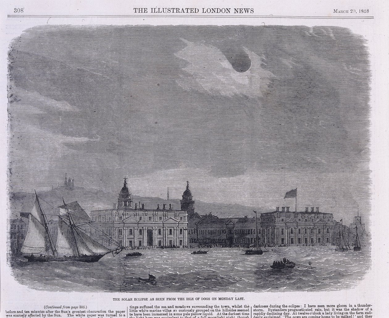 Eclipse solar visto sobre o Observatório Real, Greenwich, 1858 de Unbekannt