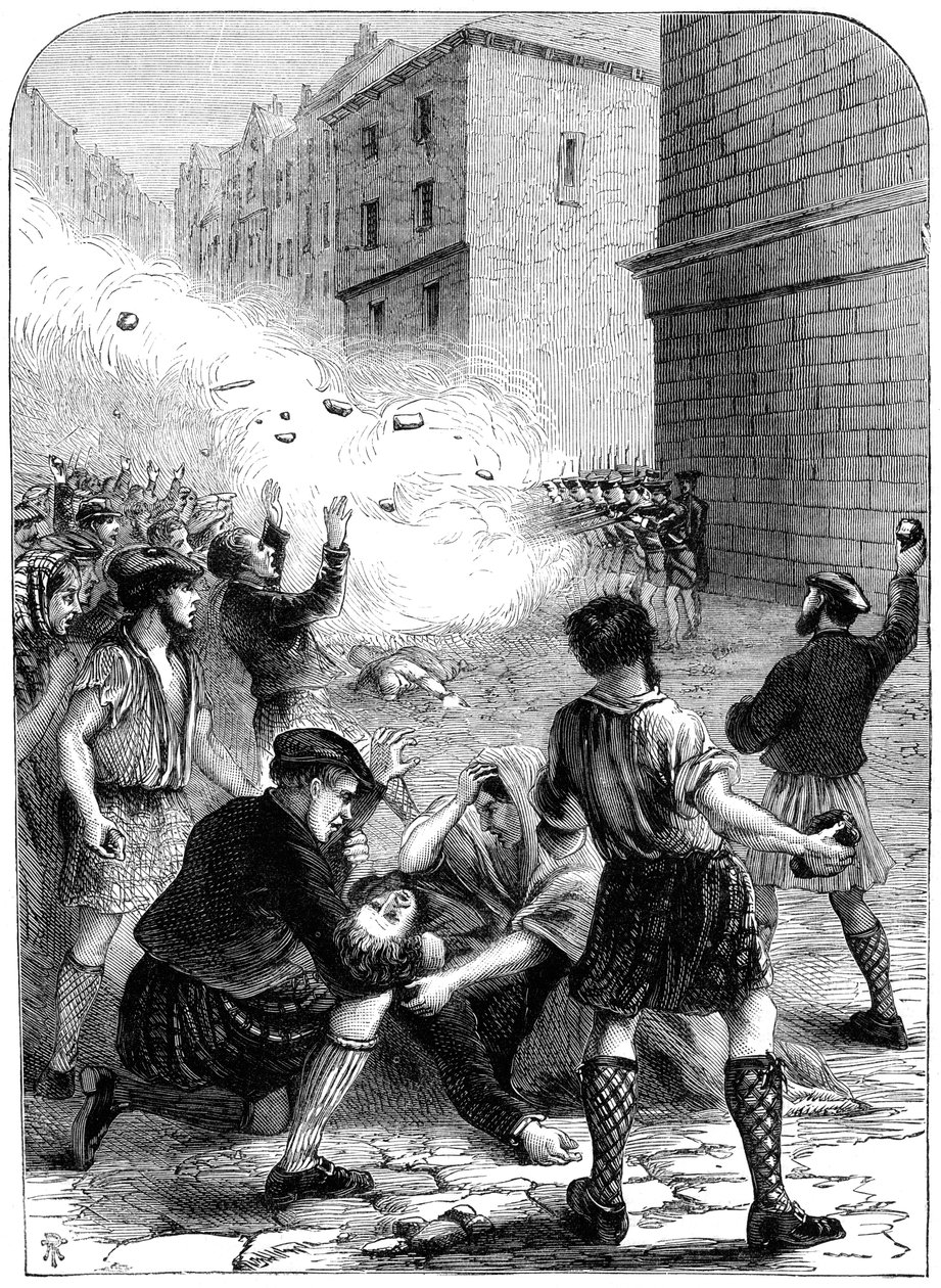 Soldados atirando contra manifestantes durante a insurreição em Glasgow, 1706, século XIX de Unbekannt