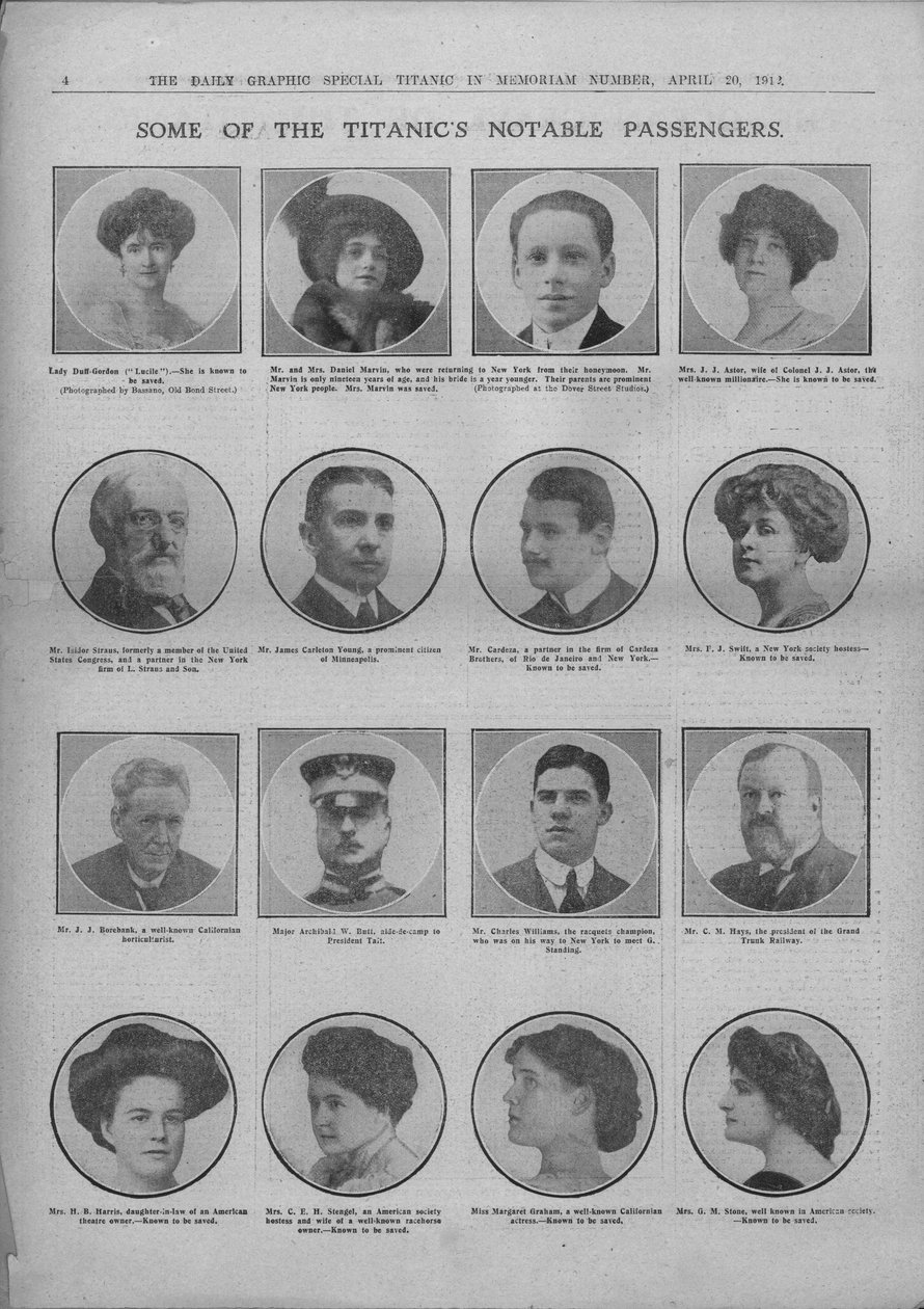 Alguns dos Notáveis Passageiros do Titanic, 20 de abril de 1912. de Unbekannt