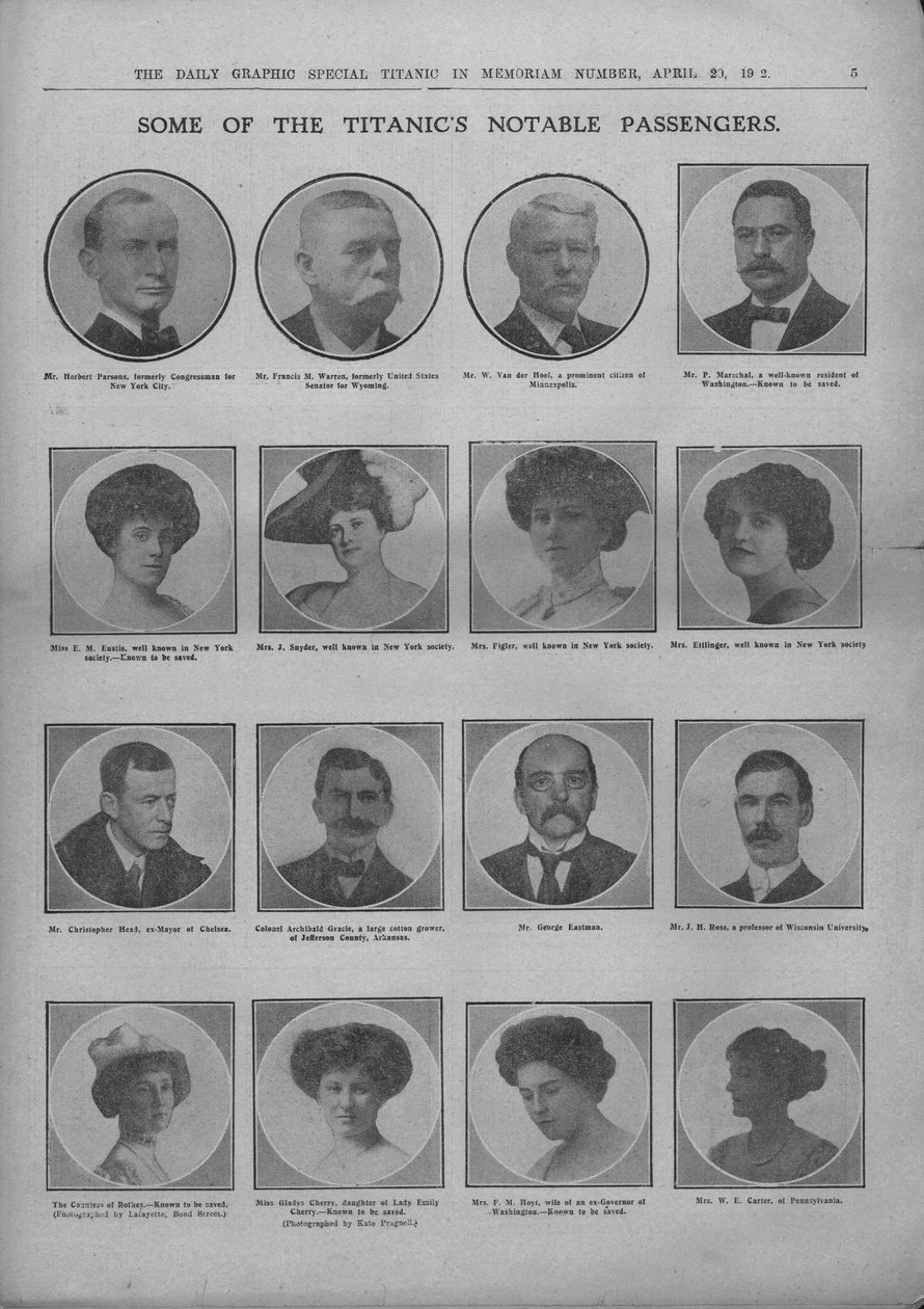 Alguns dos Notáveis Passageiros do Titanic, 20 de abril de 1912. de Unbekannt