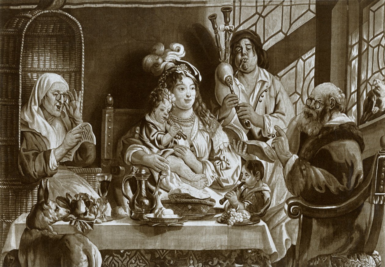 Gravadores de soprano e gaitas de foles, gobelin de Bruxelas desenhado por Jacobus Jordaens, 1948 de Unbekannt