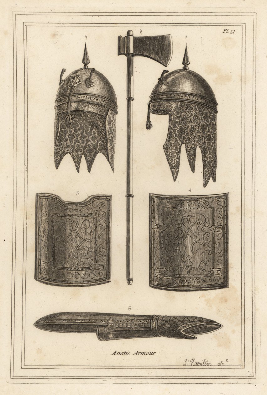 Capacete de Souja Dowla com capuz de malha 2,3, machado de batalha 1, peitoral e peça traseira 4,5, e armadura 6 de Unbekannt
