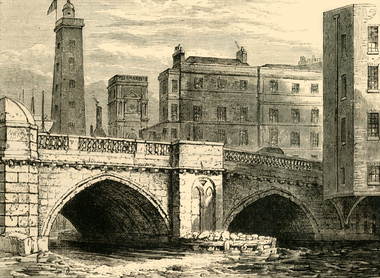 Extremidade sul da ponte velha de Londres, com torre de tiro e igreja de St. Olaves, em 1820, c1878. de Unbekannt