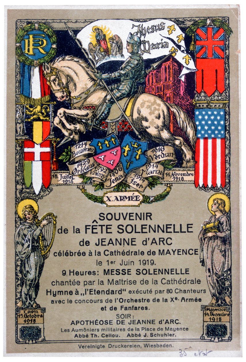 Lembrança de um festival para homenagear Joana d&39;Arc, realizado na Catedral de Mainz, Alemanha, 1919 de Unbekannt