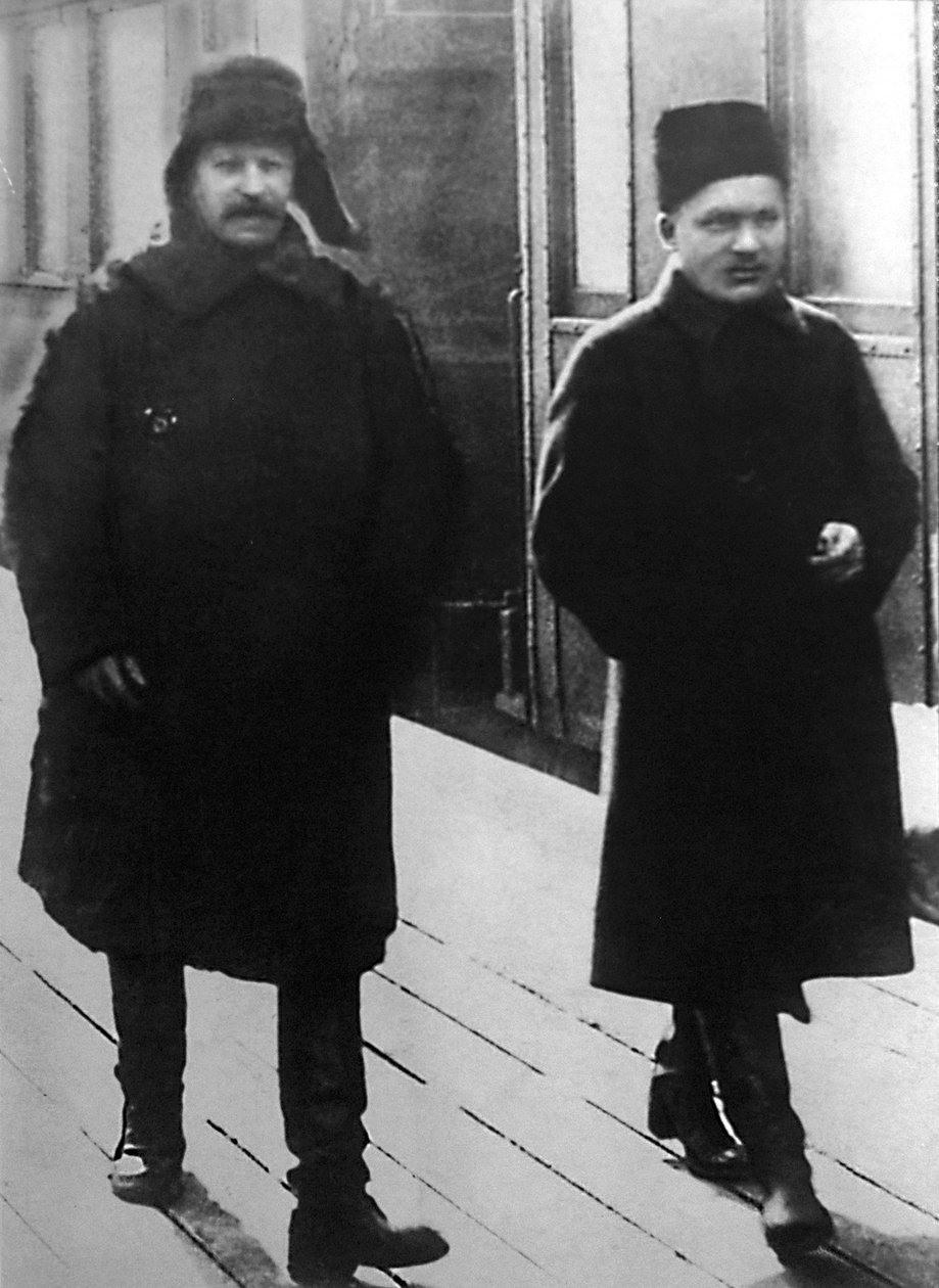 Líderes soviéticos Joseph Stalin e Sergei Kirov, Moscou, URSS, 1928 de Unbekannt
