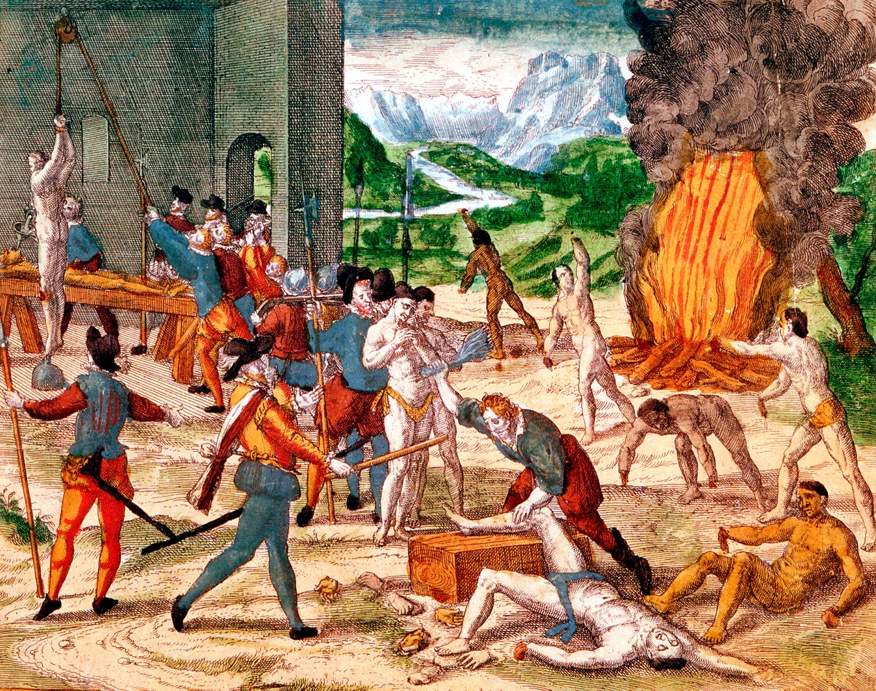 Conquistadores espanhóis torturando índios americanos, 1539-1542 de Unbekannt