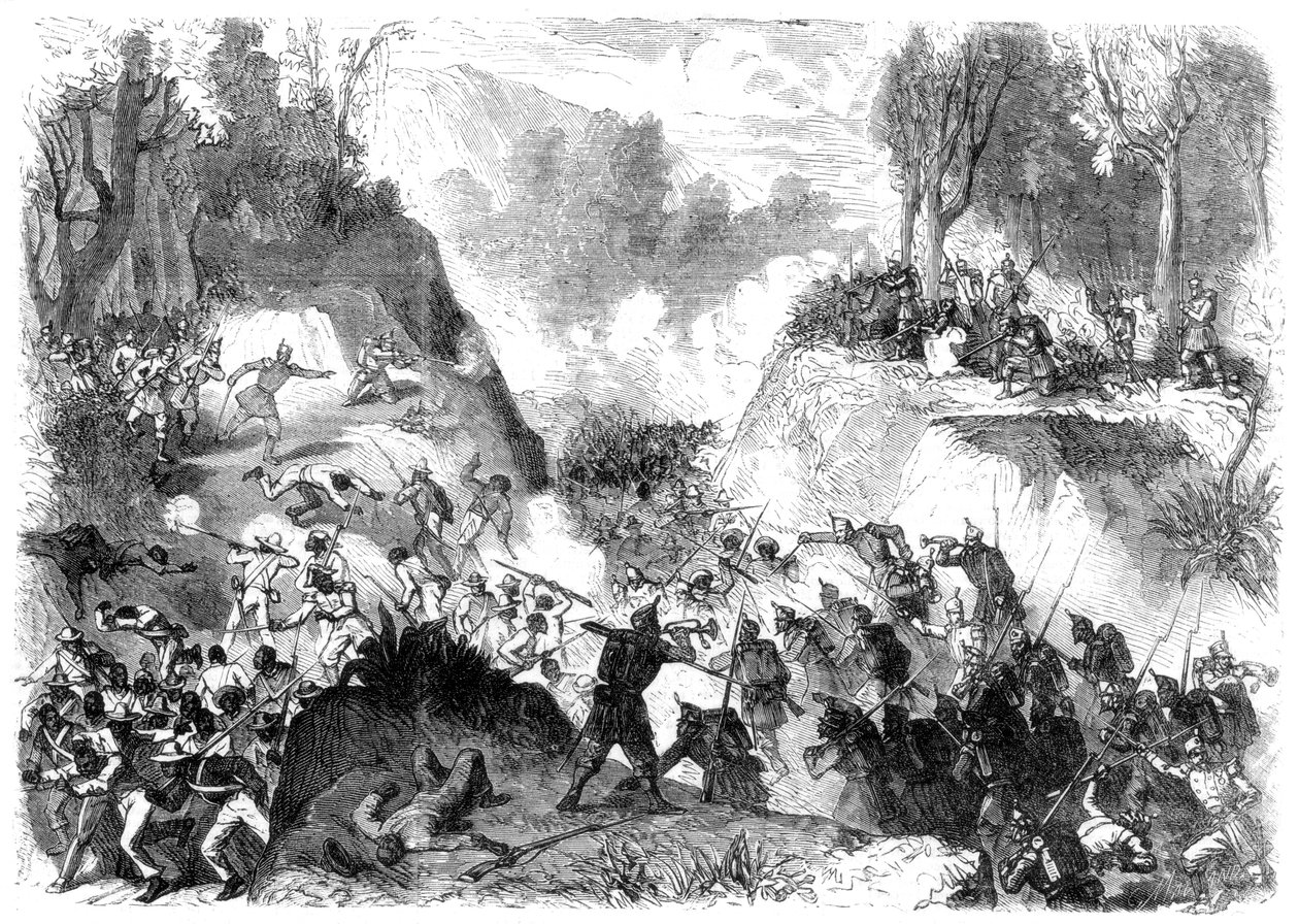 Tropas espanholas lutando contra o povo de Santo Domingo, na passagem de Monte Christi, 1864 de Unbekannt