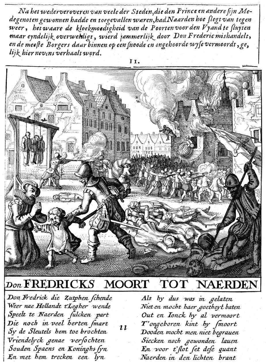Tropas espanholas incendiando edifícios e massacrando durante o domínio espanhol na Holanda, 1567-73 de Unbekannt