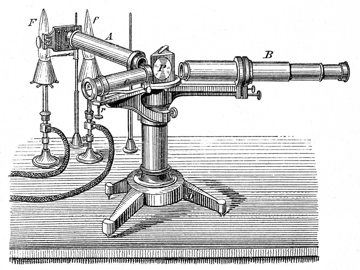 Aparelho espectroscópico usado por Robert Wilhelm Bunsen e Gustav Robert Kirchhoff, c1895 de Unbekannt