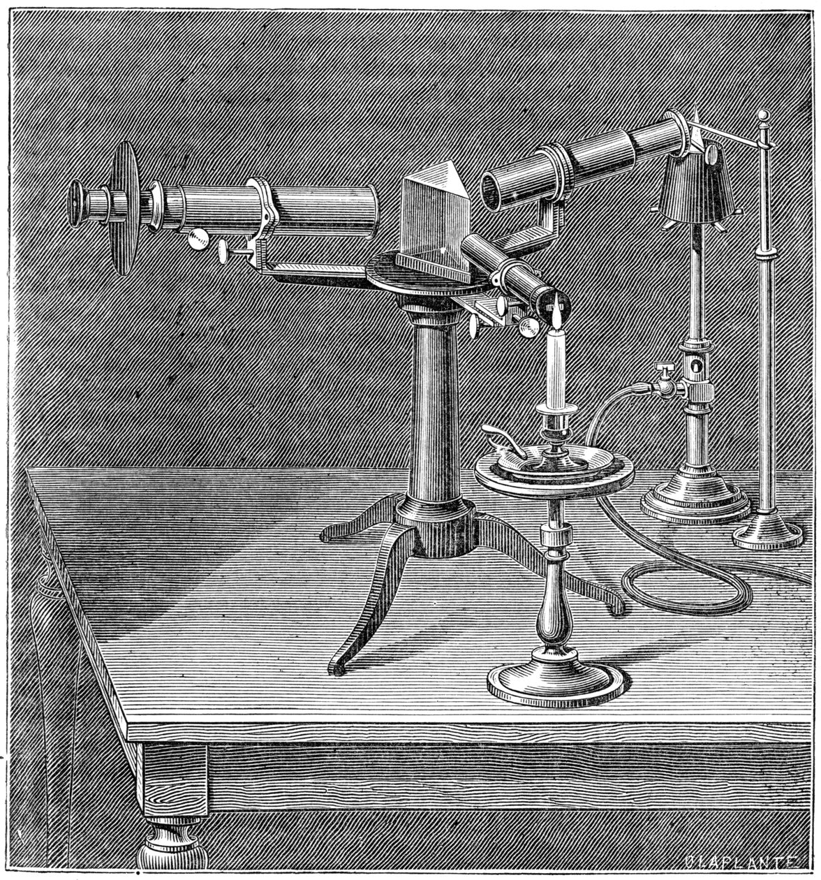 Aparelho espectroscópico usado por Robert Wilhelm Bunsen e Gustav Robert Kirchhoff, c1895 de Unbekannt